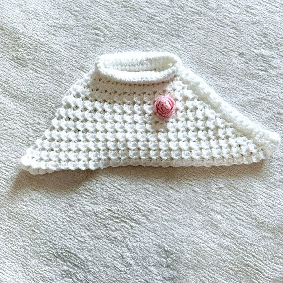 Handmade Crocheted White Girls OS Poncho Collar Cape Poncho Pink Rose Roll Neck - Picture 3 of 7